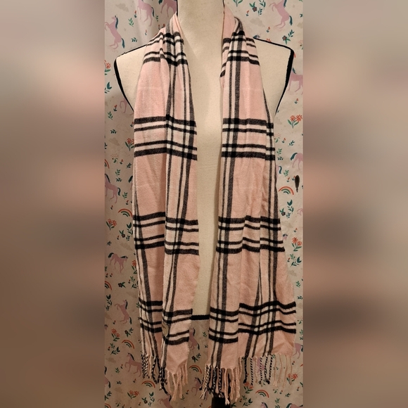 Vintage Burberry Pink Cashmere Nova Check Neutral Boho Prep Scarf Wrap w/ Fringe - Picture 2 of 7